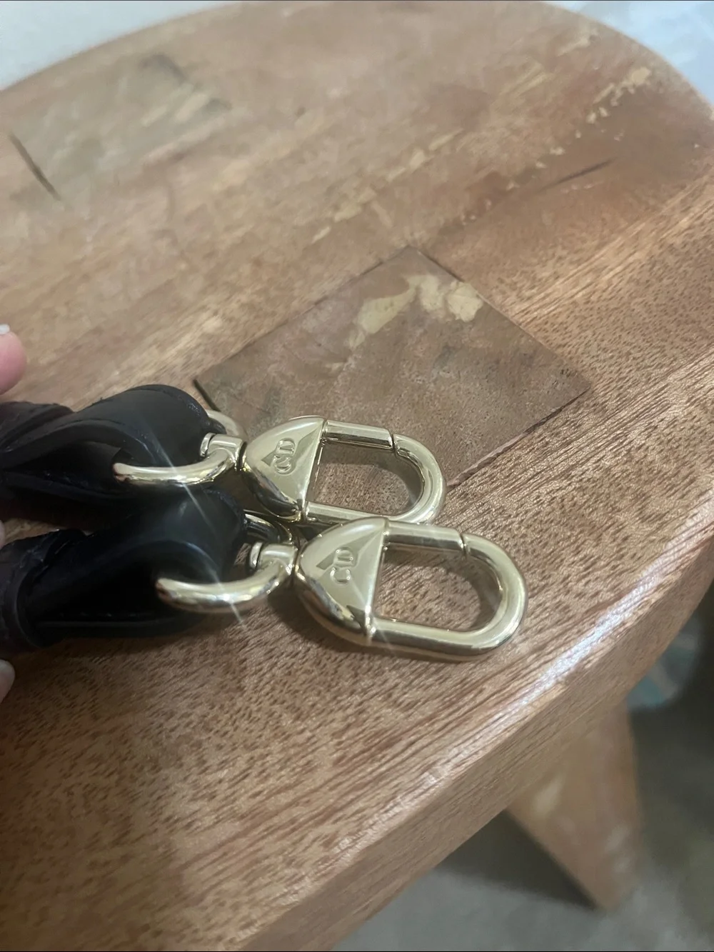 Adjustable Black Leather Bag Strap with Gold-Tone Accents